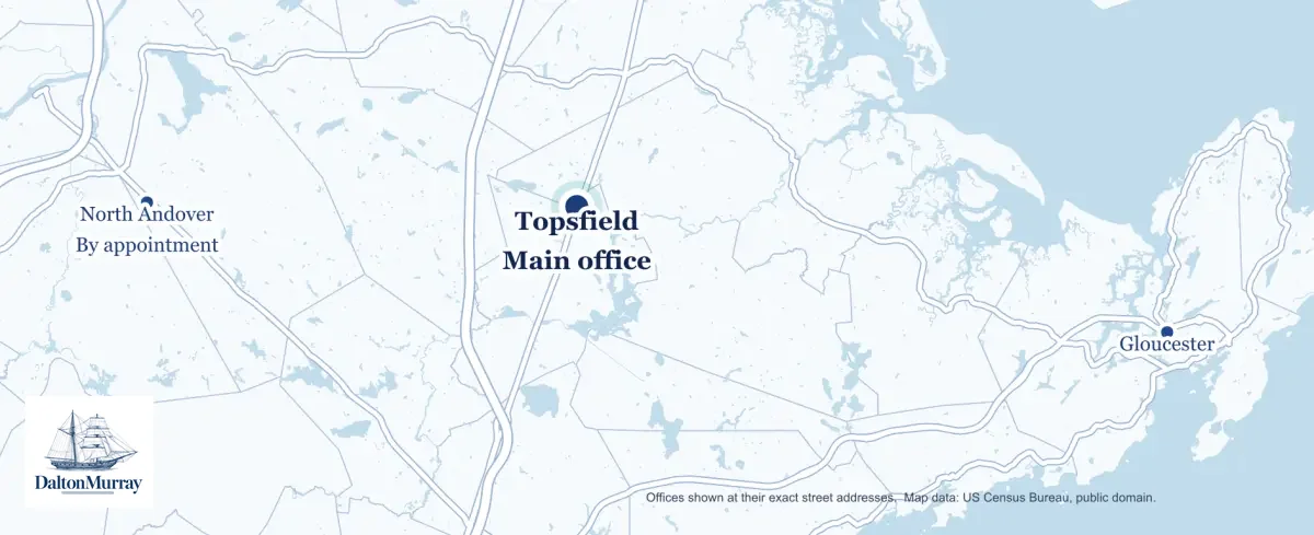 Map of Essex County, Massachusetts showing the three DaltonMurray offices. Topsfield, the main office, sits in the centre on Route 1. North Andover is 9.5 miles to the west and Gloucester is 13.3 miles to the east on the coast.